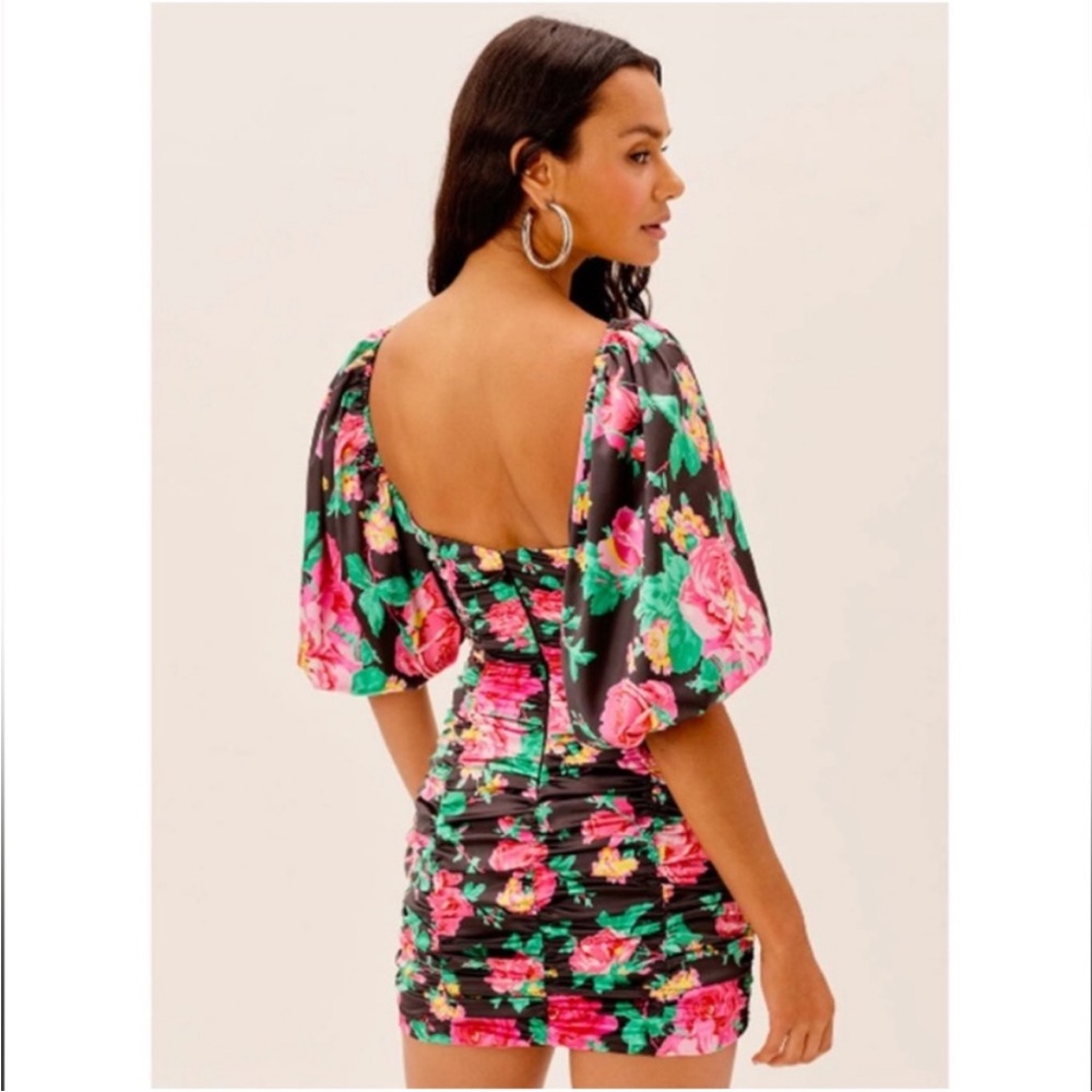 FOR LOVE & LEMONS Jolie Ruched Floral Print Mini Dress in Black XS - Picture 3 of 3